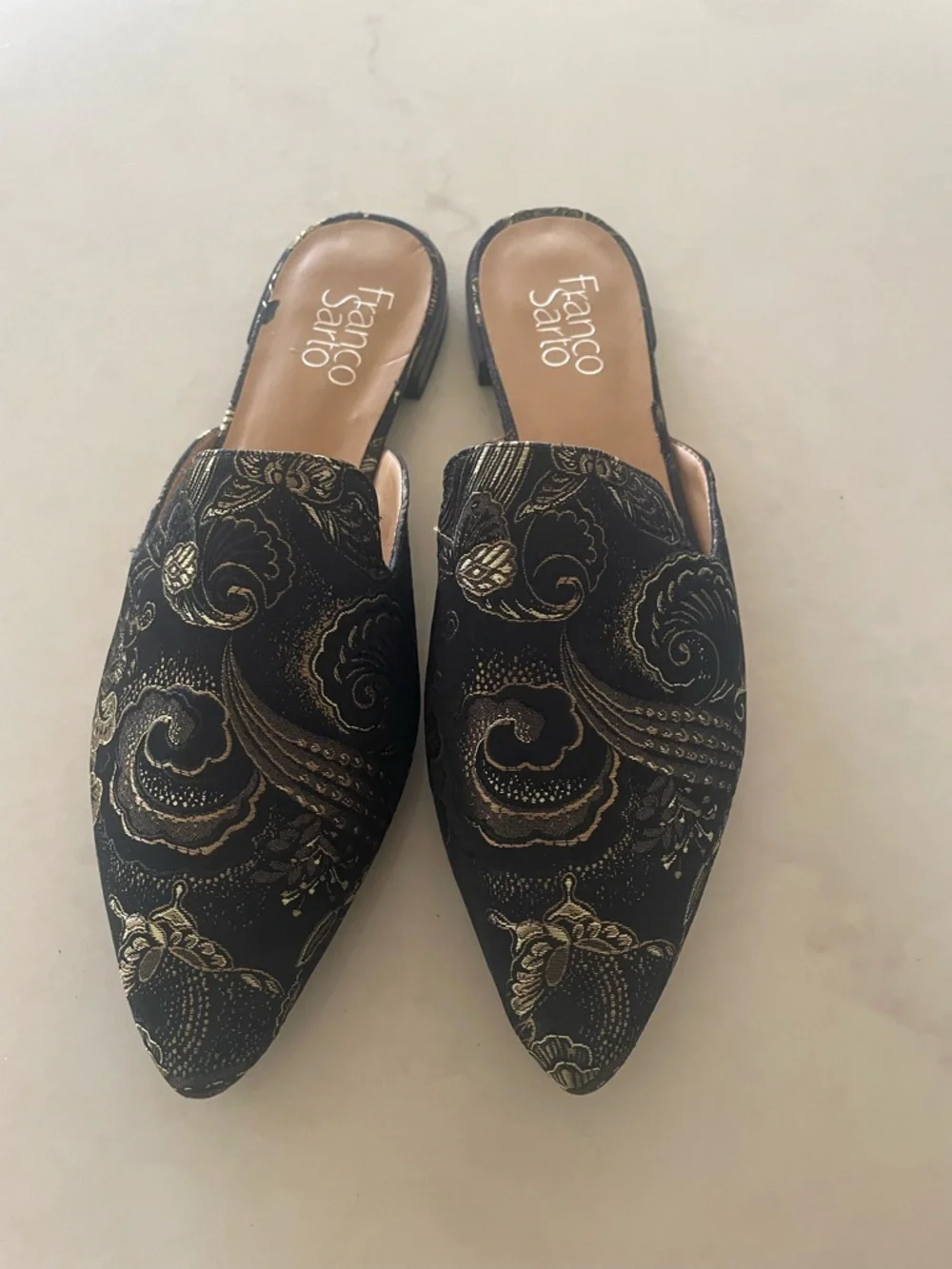 Franco Sarto Black and Gold Paisley Embroidered Slip-On Mules - Picture 3 of 5